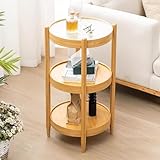 Moderner Beistelltisch mit 3 Etagen und Glasplatte, Bambus-Akzent-Design für Wohnzimmer und Schlafzimmer