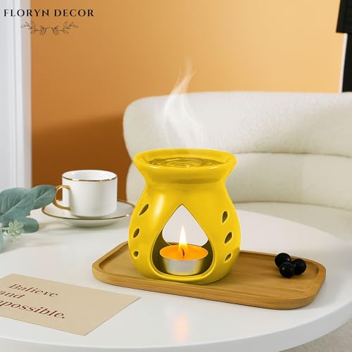 Image of Floryn Decor Ceramic Diffuser with Free 3 Tealight Candles | Home Fragrance, Spa, Office & Yoga | Aromatherapy Gift Set of 3 (Yellow)
