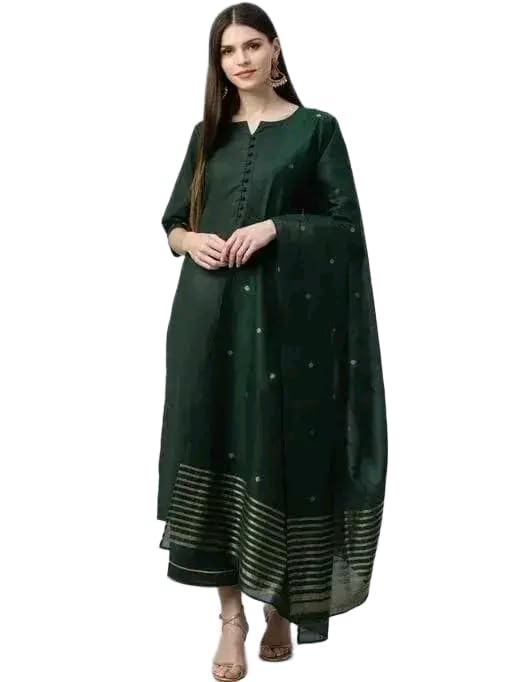 Women's Dark Green Kurta Set with Gold Border, Traditional Indian Ethnic Dress-picture-17
