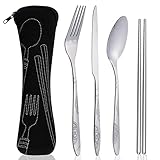 4 Piezas Cubiertos para Llevar, Cubiertos Camping Acero Inoxidable Estuche Cubiertos Portátil, Set Cubiertos para Llevar Incluye Cuchillos, Tenedores, Cucharas Palillos con Bolsa para Viajes Camping