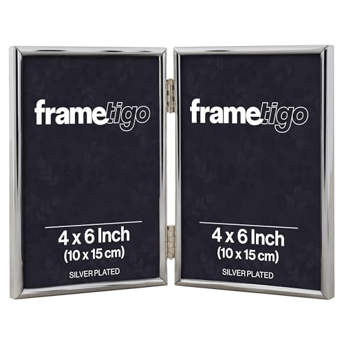 Frametigo - Silver Plated Thin Edge Double Photo Frame, 4x6 (10x15cm) Photo Size - Portrait Orientation - Modern & Sleek Design - Traditional Silver Picture Frames - Tarnish Resistant