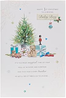 Baby Boy First Christmas Card with Envelope - Lovely, Cute, Design with Christmas Tree, Presents and Soldiers