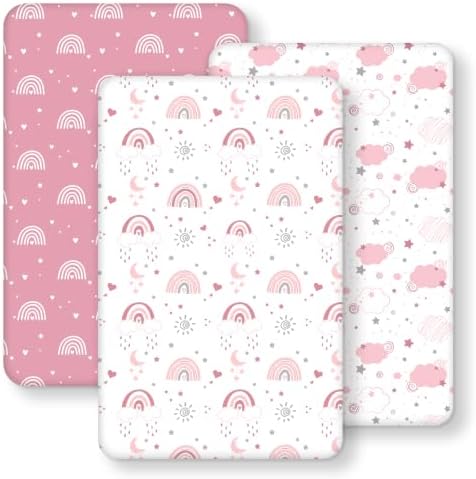 FIEMOL Baby Spannbettlaken Beistellbett 55x90 cm Spannbetttuch, 3er-Pack Mikrofaser Bettlaken Beistellbett, Ultrasanft & Seidigglatt Rosa Regenbogen