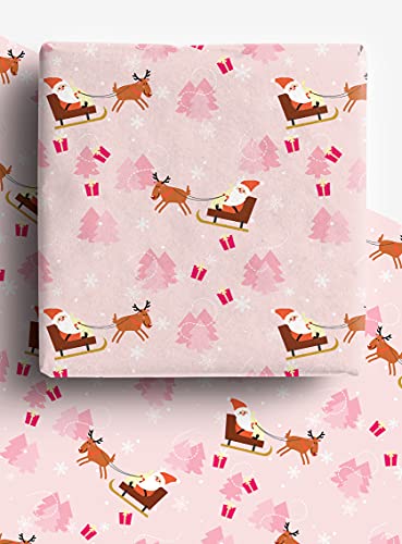 Pink Santa Christmas Wrapping Paper Sheets for Girls - 4 x Premium Recyclable Eco Friendly Xmas Gift Wrap Sheets 70cm x 50cm each