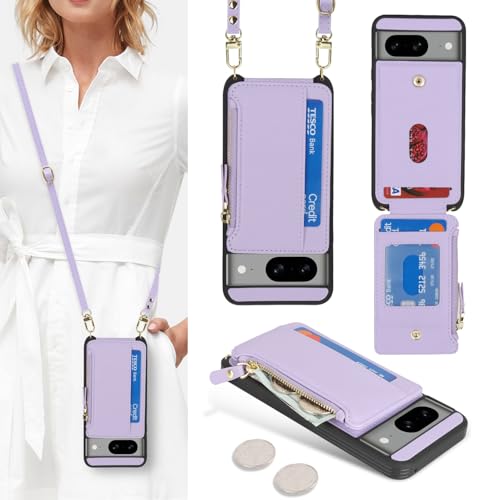 Étui portefeuille Pixel 8 avec bandoulière et fermeture éclair Cavor violet