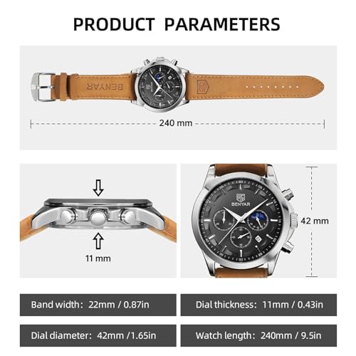 Image of BY BENYAR Waterproof Multifunction Chronograph Black Fashion Quartz Calendar with Leather Strap Sport Military Men's Wrist Watch