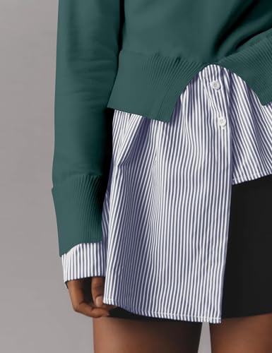 Image of Women Turtleneck Slit Patchwork Knit Pullover Sweater 2 in 1 Asymmetrical Hem Striped Button Down Shirt Tops