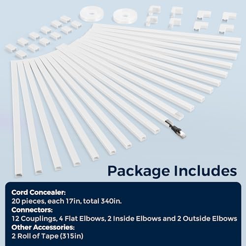 340in Cord Covers for Wires on Wall, One-Cord Wire Covers for Cords, Small White Cord Hider Wall, LZEOY Cable Raceway Wire Hider for Cords, Paintable Cable Concealer - 20x L17 W0.59in H0.4in