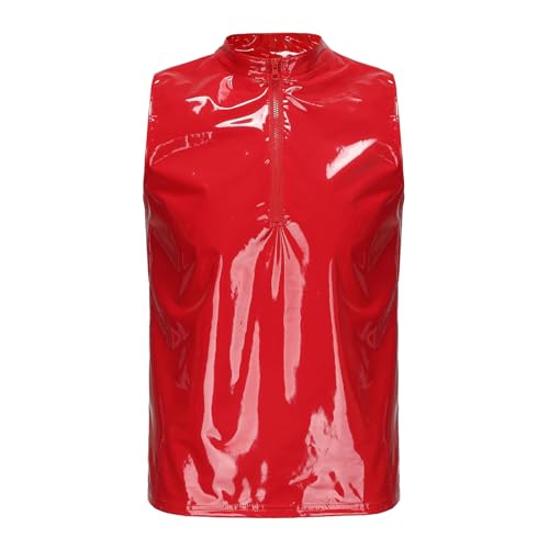 Modeewel - Modeewel Men's Slim Fit Latex Shiny Tops Sexy Top Hippie Disco Party Clubwear Jumpsuit Patent Leather Mesh with Stand-Up Collar Leather Coat Lacquer Look Wet Look Varnish Look Jacket T-Shirt, red, XL
