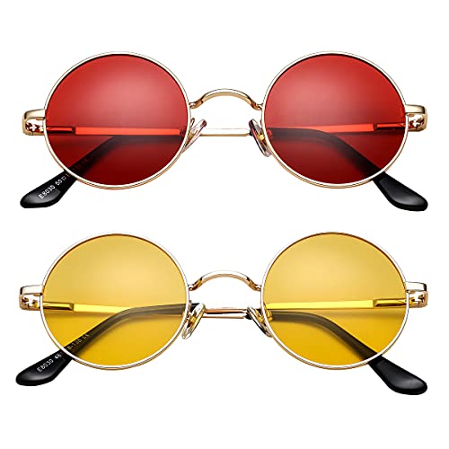 PORADAY Classic Circle Glasses Retro Round Polarized Sunglasses Hippie Style Small Rounded Sun Shades (Gold/Clear Red Gold/Clear Yellow)