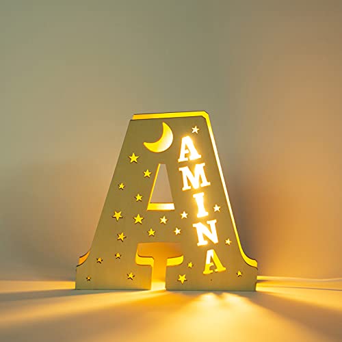 Luces de Letras LED Personalizadas, Luz de Pared de Marquesina de Madera Letra de Nombre Grabada Lámpara de Noche, Decoración del Hogar Regalo Lámpara de Letrero de Navidad A-Z (5 letras) Cover