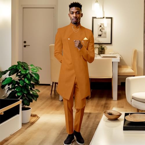Men's Suit One Button Gold Chain Kerchief Blazer and Pants 2 Pieces Set Slim Fit African Suits2