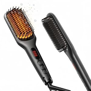 MEGAWISE Pro Ceramic Ionic Hair Straightener Brush for Home Salon, Straightening Hair Brush with 20s Heating Tech, Auto-Off, Anti-Scald with Universal Dual Voltage,Rotatable Power Cord, Black