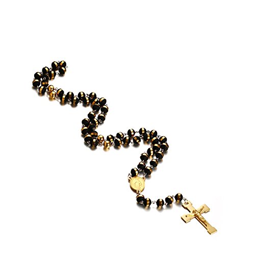 Jajafook Mens Black Stainless Steel Black Gold Silicone Beads Rosary Necklace With Cross Pendant #TOP13