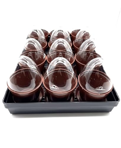 Kimmel 12 Stück Anzuchttöpfe mit Feuchtigkeitskuppel/Deckel im Set mit 1 Stück Anzuchtschale/Transportschale Blumentöpfe Pflanztöpfe