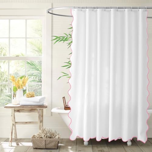 White with Navy Blue Scalloped border Shower Curtains 72" x