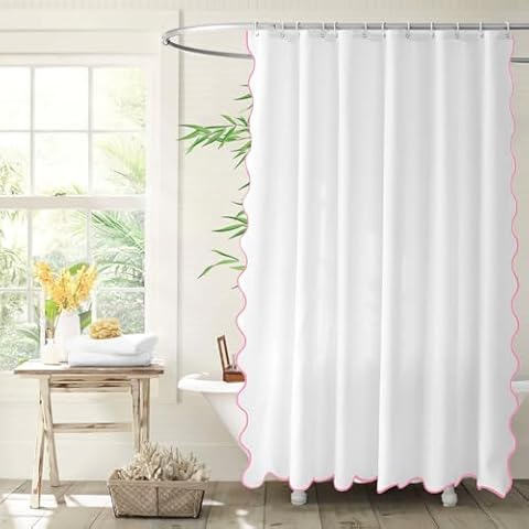 XVWJ White Boho Scalloped Shower Curtain, Aesthetic Pink Cute Scalloped Border Fabric Bathroom Decor with Hooks Waterproof Washable 72 x 78 inches Cover
