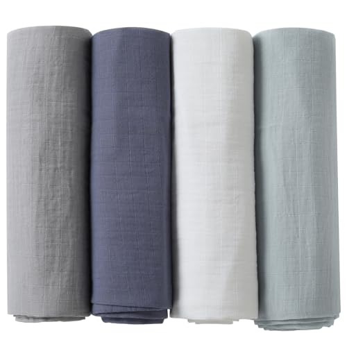 Image of POMISO Muslin Swaddle Blankets for Boys & Girls, Newborn Receiving Blankets, 4 Pack Soft Breathable Baby Swaddles, Large 47x47 Inches, Grey Blue White Green