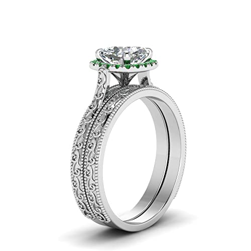 Image of Choose Your Gemstone Hand Engraved Halo Cushion Wedding Ring 925 Sterling Silver Cushion Shape Wedding Ring Sets Matching Jewelry Wedding Jewelry Easy to Wear Gifts US Size 4 to 12