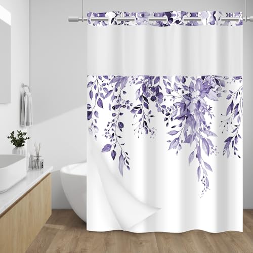 Hook Free Floral Shower Curtain with Liner, Eucalyptus Purple, 71x74
