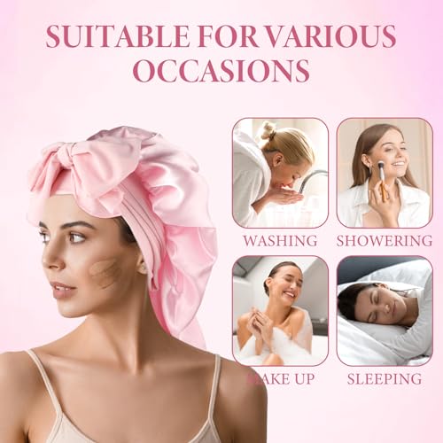 Abeillo Long Satin Bonnet for Women Large Silk Sleep Cap With Tie Band and Scrunchies for Long Curly Hair Braids (Pink) - Image 4