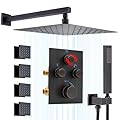 NPYSVSSS Thermostatic Shower System with Body Jets, Wall Mounted 12 Inch Rain Shower Head with Handheld Spray and 4 Body Jets Set, Push Button Thermostatic Shower Brass Valve, Oil Rubbed Bronze
