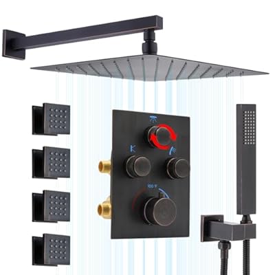 NPYSVSSS Thermostatic Shower System with Body Jets, Wall Mounted 12 Inch Rain Shower Head with Handheld Spray and 4 Body Jets Set, Push Button Thermostatic Shower Brass Valve, Oil Rubbed Bronze