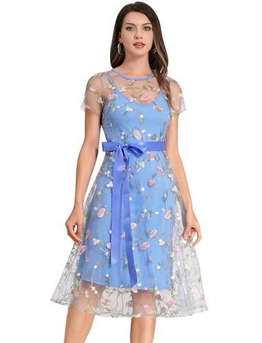 Robe 2 pièces broderie florale tulle transparent ajustée avec ceinture