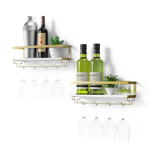 B4Life Mensola per vino da parete con supporto in vetro, set da 2 scaffalature per bicchieri da vino, in legno, vintage, con supporto in vetro, montaggio a parete, per sala da pranzo, casa, bar