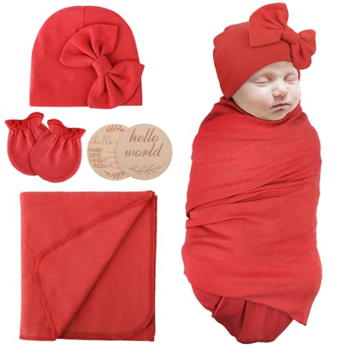 Image of AQOKKA Newborn Receiving Blanket with Bow Hat Mittens Wooden Card Set Newborns Toddler Baby Boy Girl Nursery Swaddle Wrap