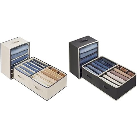 Baesyhom 6 Pcs Large Size Wardrobe Clothes Organizers 6 Grids for Pants, Jeans, Sweater, T-shirt, Thin Coat, Dress Stackable Closet Drawer Organizer Storage Bin with Sturdy Handles, Beige & Black Cover