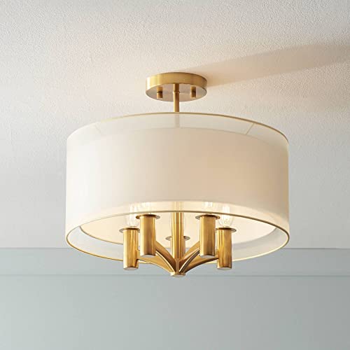 Possini Euro Design Caliari Modern Close To Ceiling Light Semi Flush Mount Fixture 18" Wide 5-Light Warm Brass Gold Double Drum Shades For Bedroom Hallway Living Room Dining Room Bathroom Kitchen #TOP6