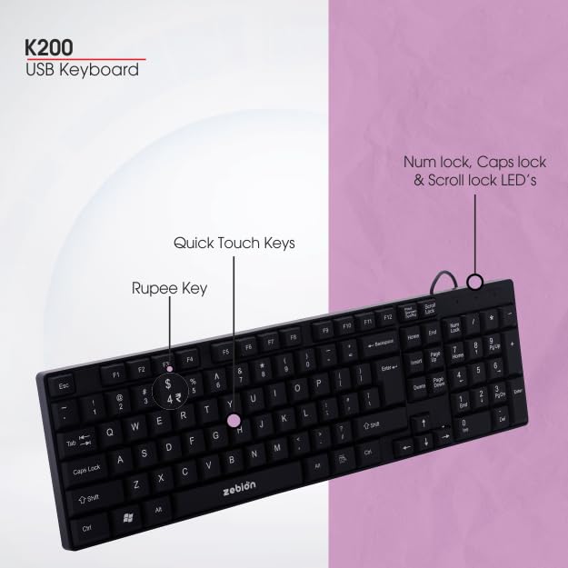 Image of Zebion K200 USB Keyboard Comes with 104 Keys Including 12 Dedicated Function Keys & Rupee Key, Long Life 1 Billion Keystrokes,Retractable Stand and Slim Design (Black)