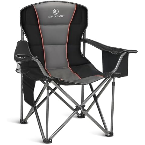 ALPHA CAMP Oversized Camping Folding Chair Heavy Duty Lawn Chair with Cooler Bag (Black) Cover