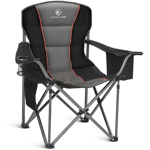 ALPHA CAMP Oversized Camping Folding Chair Heavy Duty Lawn Chair with Cooler Bag (Black)