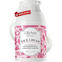 مرطب الوجه والرقبة LilyAna Naturals للنساء والرجال - مرطب الوجه والرقبة كريم للبشرة الجافة وتفتيح البقعة الداكنة - مستخلصات الورد والرمان - 1.7 أوقية