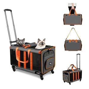 Rolling Cat Carrier with Wheels for 2 Cats, Double-Compartment Foldable Pet Carrier with Wheels for 2 Small Cats and Dogs, Pet Cat Travel Carrier for Hiking/Camping/Veterinary Visits, Gray
