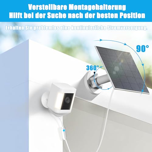 6W Solarpanel kompatibel mit Ring Spotlight Cam Plus/Pro und Stick Up Cam, Solar Ladegerät für Ring Cam mit Leuchtanzeige, 4m Kabel, IP66 Solarpanel, 3,5 mm USB-C und DC Ports.