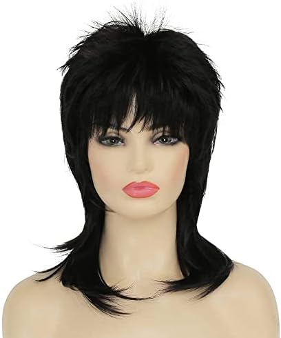 Amnenl Short Mullet Wig for Women Black Wig Shaggy Layered Wig Curly 80s Wig Heat Resistant Cosplay Daily Hair Wigs (Black)