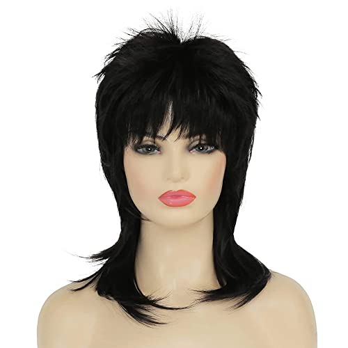 Amnenl Short Mullet Wig For Women Black Wig Shaggy Layered Wig Curly 80S Wig Heat Resistant Cosplay Daily Hair Wigs (Black) #TOP2