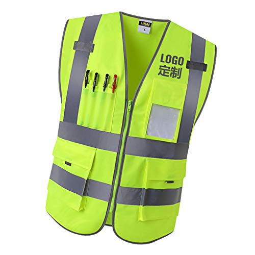 Colete de segurança respirável com zíper frontal de 4 bolsos de alta visibilidade com tiras refletiv