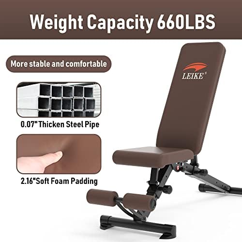 leikefitness Adjustable Weight Bench Foldable Workout Exercise Bench with Automatic Lock for Upright Incline Decline and Flat Full Body Exercise GM58091(BROWN)