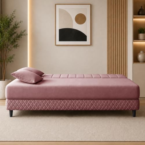 Image of Rosebell Modern 3 Seater Velvet Sofa Cum Bed with Cushion | Premium Upholstered Fabric | Tufted Backrest | Wooden Legs | Living Room Furniture | Rose Pink