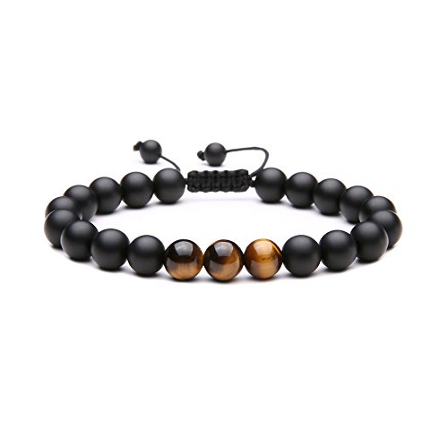 MAOCEN Handmade 8mm Matte Black Onyx Stone and Tiger Eyes Stone Bead Bracelet for Men Size Adjustable