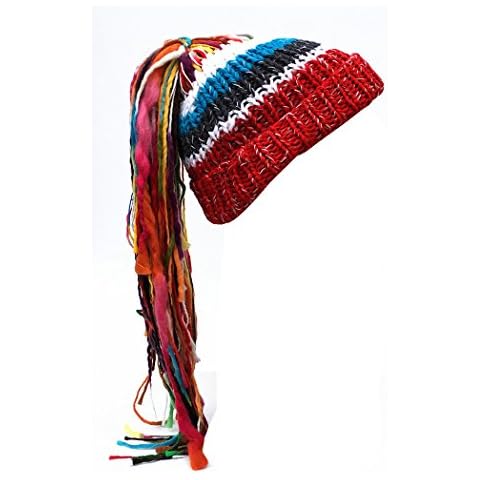 Kafeimali Men/Women Barbarian Vagabond Knit Hat Wig Ponytail Beanie Funny Caps (Red) Cover
