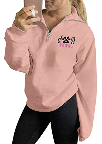Mousya Dog Mom Sweatshirt Women Embroidered Dog Paw Long Sleeve Shirt Mama Pullover Blouse High Collar Quarter 1/4 Zip Coat Pink #TOP30