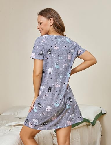 PNAEONG Women's Cotton Nightgown Sleepwear Short Sleeves Shirt Casual Print Sleepdress XTSY108-Gray Owl-L