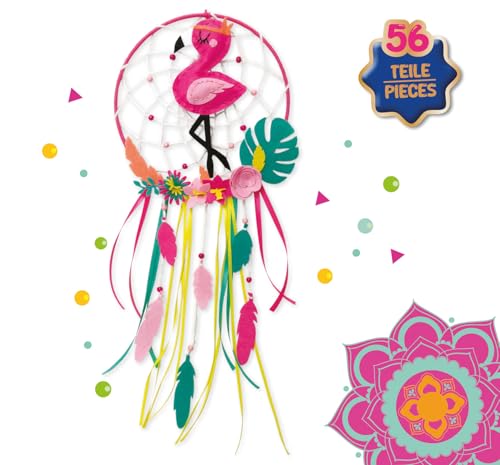 Lena Traumfänger Bastelset mit Flamingomotiven, 56 Teile Komplettset mit 20 cm Ring, Bändern, Schnüren, Nadeln, Perlen und Stoffblumen für kreatives Basteln, geeignet für Kinder ab 6 Jahren