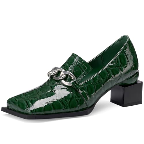 Image of Loafers for Women Patent Leather Buckle Square Toe Chunky Block Dress Slip On Wide Casual Comfortable Dressy High Heels Ladies Comfort Moccasins Elegantes 2 Inch Shoes