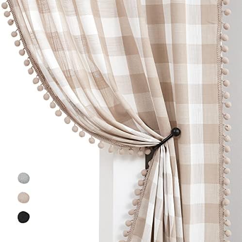 Tan Buffalo Plaid Curtains Pom Pom Window Curtains for Living Room Bedroom 40 x 54 Inch Rustic Farmhouse Gingham Check Pattern Linen Semi Sheer Drapes Taupe and White Window Panels, Pencil Pleat, 2pcs